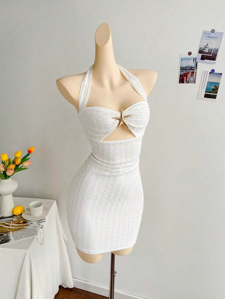 Women's White Knit Textured Halter Mini Dress – Vacation Style with Tie Bow, Hollow Chest, Ruched Fit, Metallic Starfish Decor, Slim Sexy Dress for Party, Date, Beach & Summer Outfits