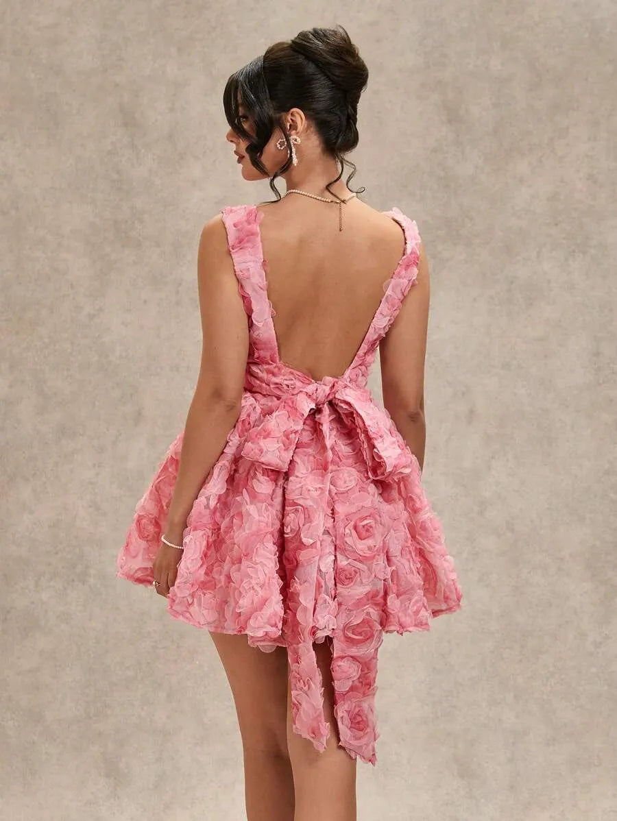 Women's Pink 3D Rose Flower Mini Dress – Spring & Summer Square Neck Spaghetti Strap Backless Design with Bowknot Puff Sleeves, Perfect for Valentine's Day, Parties, Romantic Dates, Bridesmaid & Casual Wear