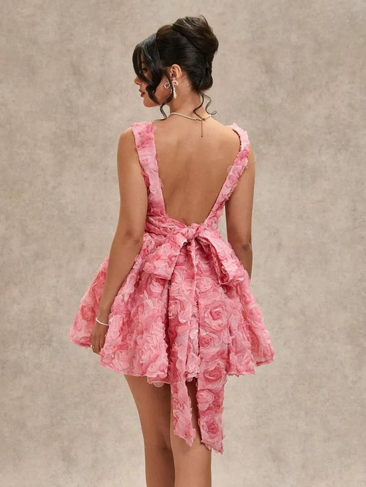 Women's Pink 3D Rose Flower Mini Dress – Spring & Summer Square Neck Spaghetti Strap Backless Design with Bowknot Puff Sleeves, Perfect for Valentine's Day, Parties, Romantic Dates, Bridesmaid & Casual Wear