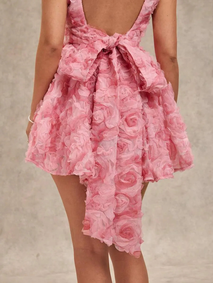 Women's Pink 3D Rose Flower Mini Dress – Spring & Summer Square Neck Spaghetti Strap Backless Design with Bowknot Puff Sleeves, Perfect for Valentine's Day, Parties, Romantic Dates, Bridesmaid & Casual Wear