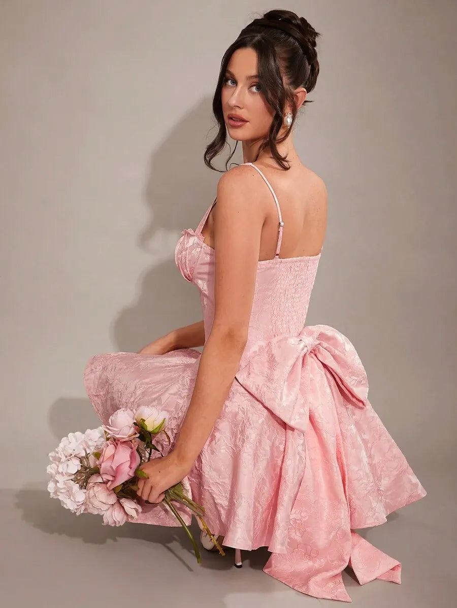 Women's Pink Elegant Ruffled Lace Bodycon Dress – Sweet Romantic Fit & Flared Design with Bow Decor, Perfect for Valentine's Day, Parties, Dates, Bridesmaid, Prom & Casual Wear