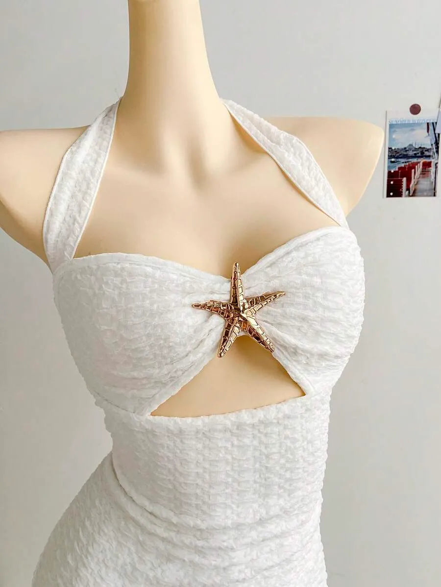 Women's White Knit Textured Halter Mini Dress – Vacation Style with Tie Bow, Hollow Chest, Ruched Fit, Metallic Starfish Decor, Slim Sexy Dress for Party, Date, Beach & Summer Outfits