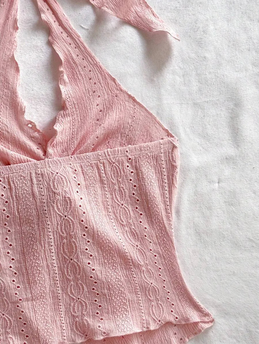 Women's Sexy Halter Neck Open Back Tank Top – Fashionable Tie Knot Hem Detail, Sleeveless Slit Design for Summer Parties, Beach Days & Casual Chic Outfits