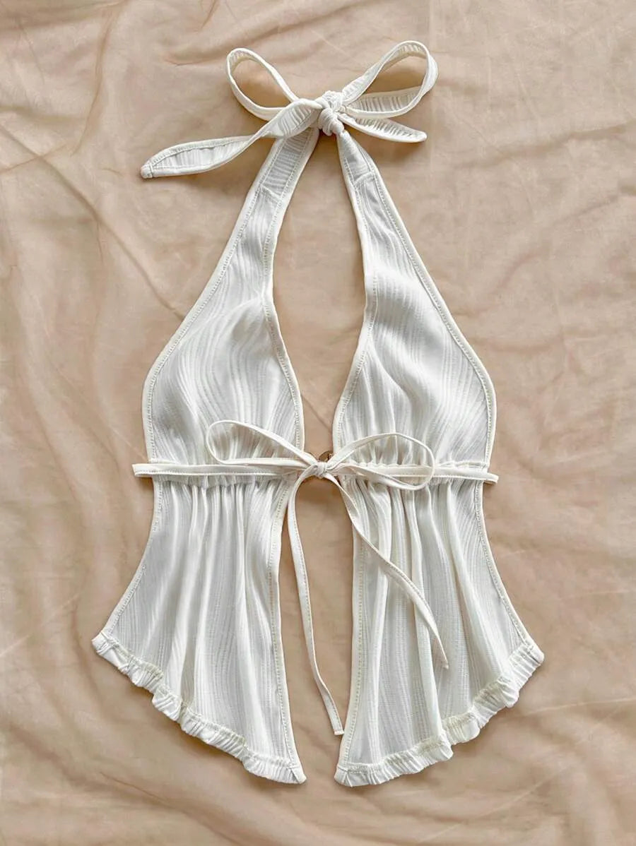 Women's Red Textured Backless Halter Camisole – Sexy V-Neck Boho Style with Metal Detail and Ruffle Hem, Perfect for Beach, Holidays, Dates, Festivals & Summer Vacations