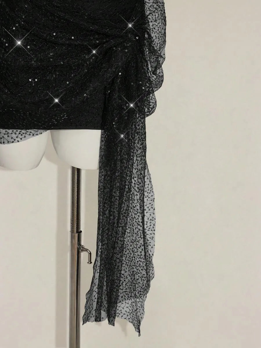 Women’s Y2K Sparkling Ruched One-Shoulder Mini Dress – Sexy Party & Club Outfit with Draped Design, Perfect for Night Out, Events & Special Occasions