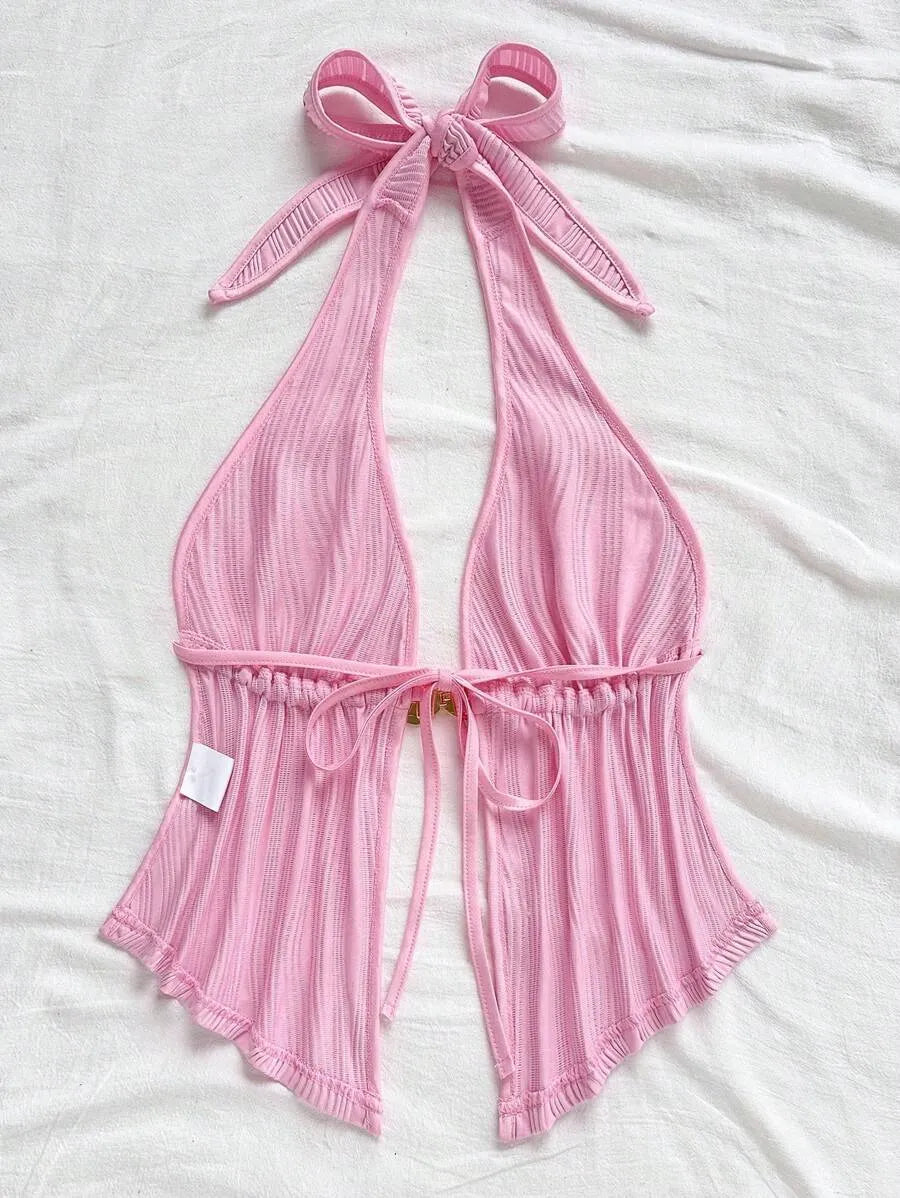 Women's Red Textured Backless Halter Camisole – Sexy V-Neck Boho Style with Metal Detail and Ruffle Hem, Perfect for Beach, Holidays, Dates, Festivals & Summer Vacations