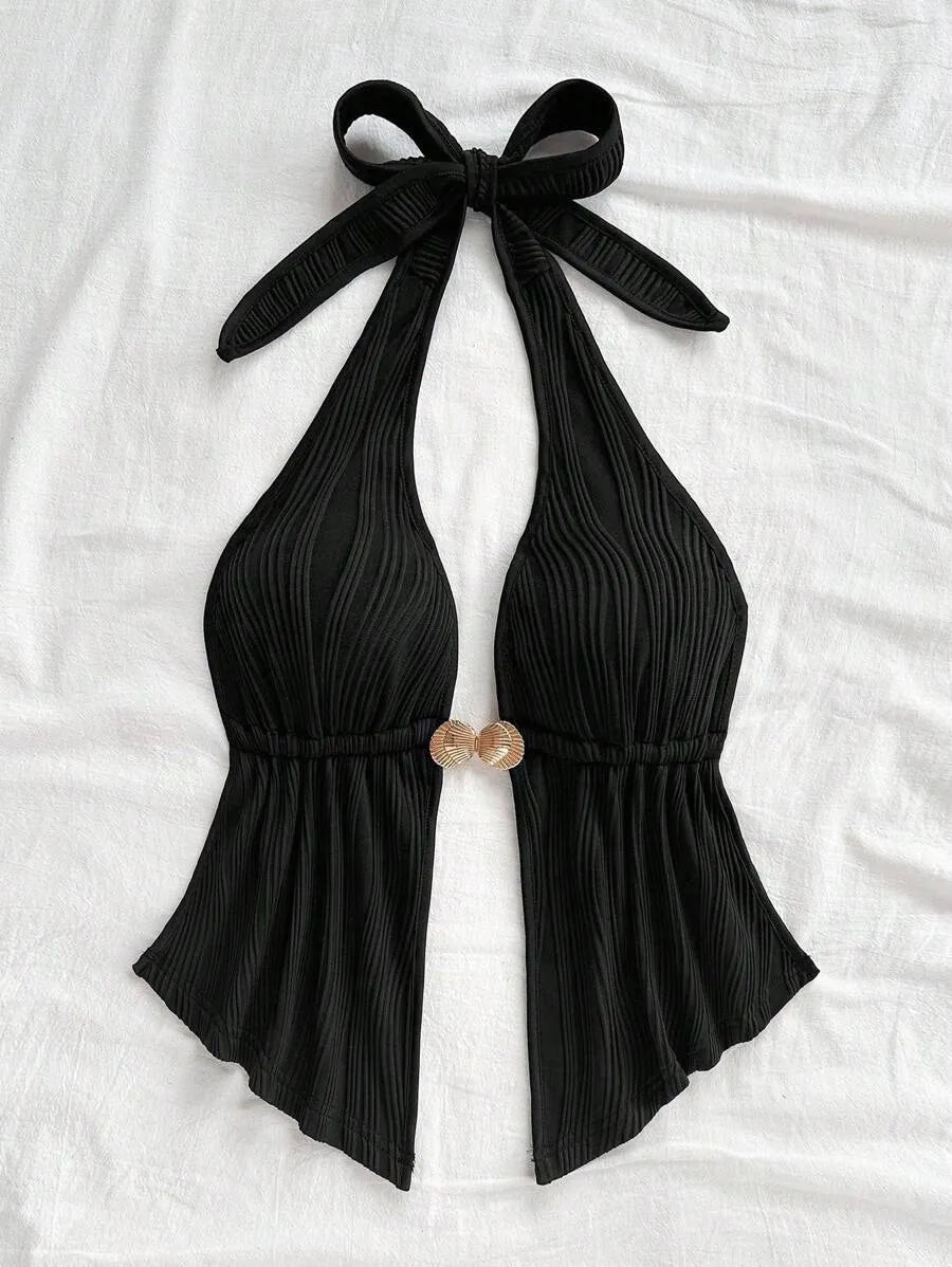 Women's Red Textured Backless Halter Camisole – Sexy V-Neck Boho Style with Metal Detail and Ruffle Hem, Perfect for Beach, Holidays, Dates, Festivals & Summer Vacations