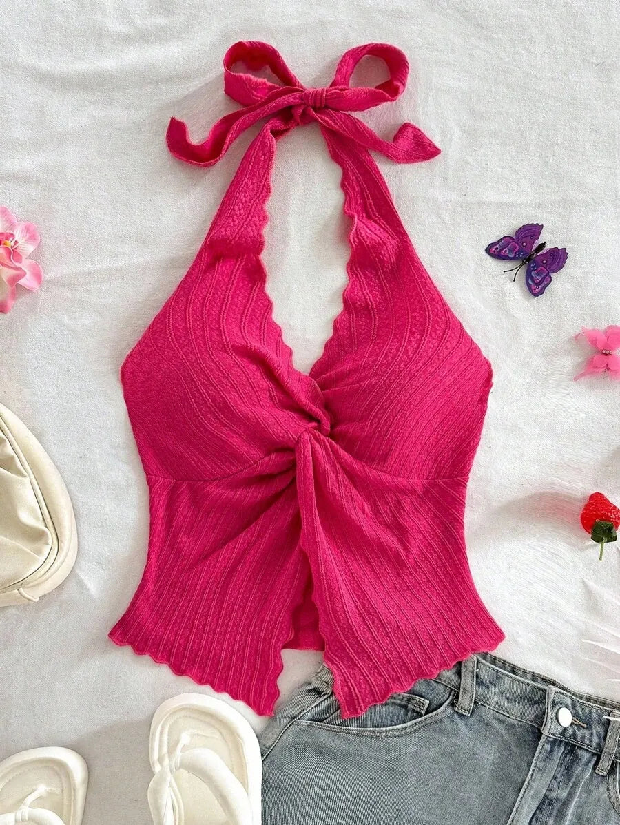 Women's Sexy Halter Neck Open Back Tank Top – Fashionable Tie Knot Hem Detail, Sleeveless Slit Design for Summer Parties, Beach Days & Casual Chic Outfits