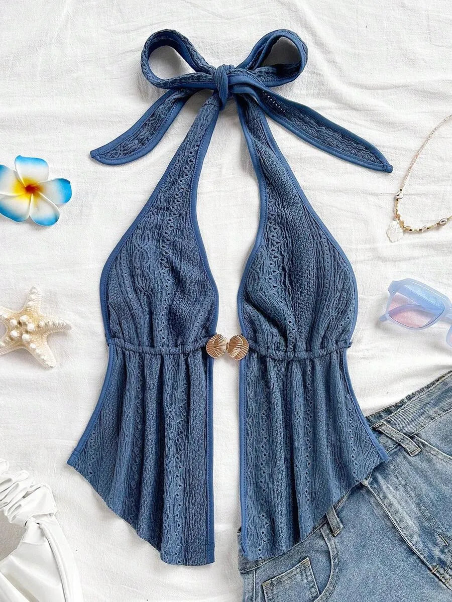 Women's Red Textured Backless Halter Camisole – Sexy V-Neck Boho Style with Metal Detail and Ruffle Hem, Perfect for Beach, Holidays, Dates, Festivals & Summer Vacations