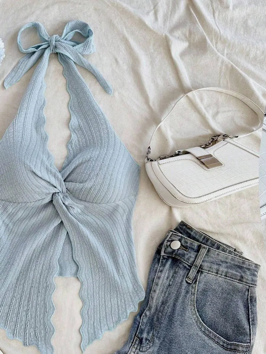 Women's Sexy Halter Neck Open Back Tank Top – Fashionable Tie Knot Hem Detail, Sleeveless Slit Design for Summer Parties, Beach Days & Casual Chic Outfits