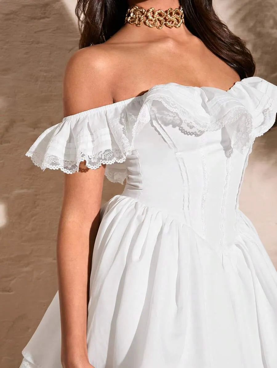 Women's Summer White Off Shoulder Lace Dress – Sexy Sweetheart Neckline with Petal Sleeves, Ruffled Bodice & Lace Edge, Elegant Solid Color Dress for Parties & Special Occasions