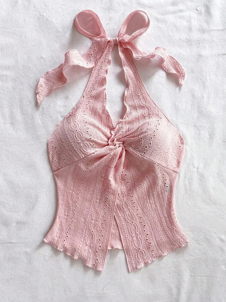 Women's Sexy Halter Neck Open Back Tank Top – Fashionable Tie Knot Hem Detail, Sleeveless Slit Design for Summer Parties, Beach Days & Casual Chic Outfits