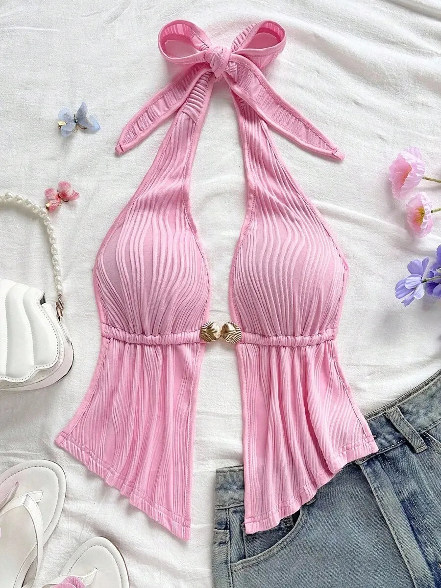 Women's Red Textured Backless Halter Camisole – Sexy V-Neck Boho Style with Metal Detail and Ruffle Hem, Perfect for Beach, Holidays, Dates, Festivals & Summer Vacations