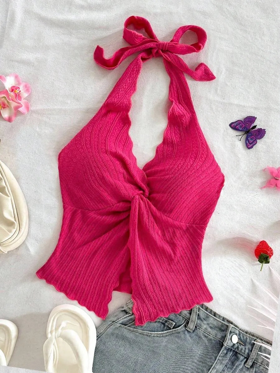 Women's Sexy Halter Neck Open Back Tank Top – Fashionable Tie Knot Hem Detail, Sleeveless Slit Design for Summer Parties, Beach Days & Casual Chic Outfits