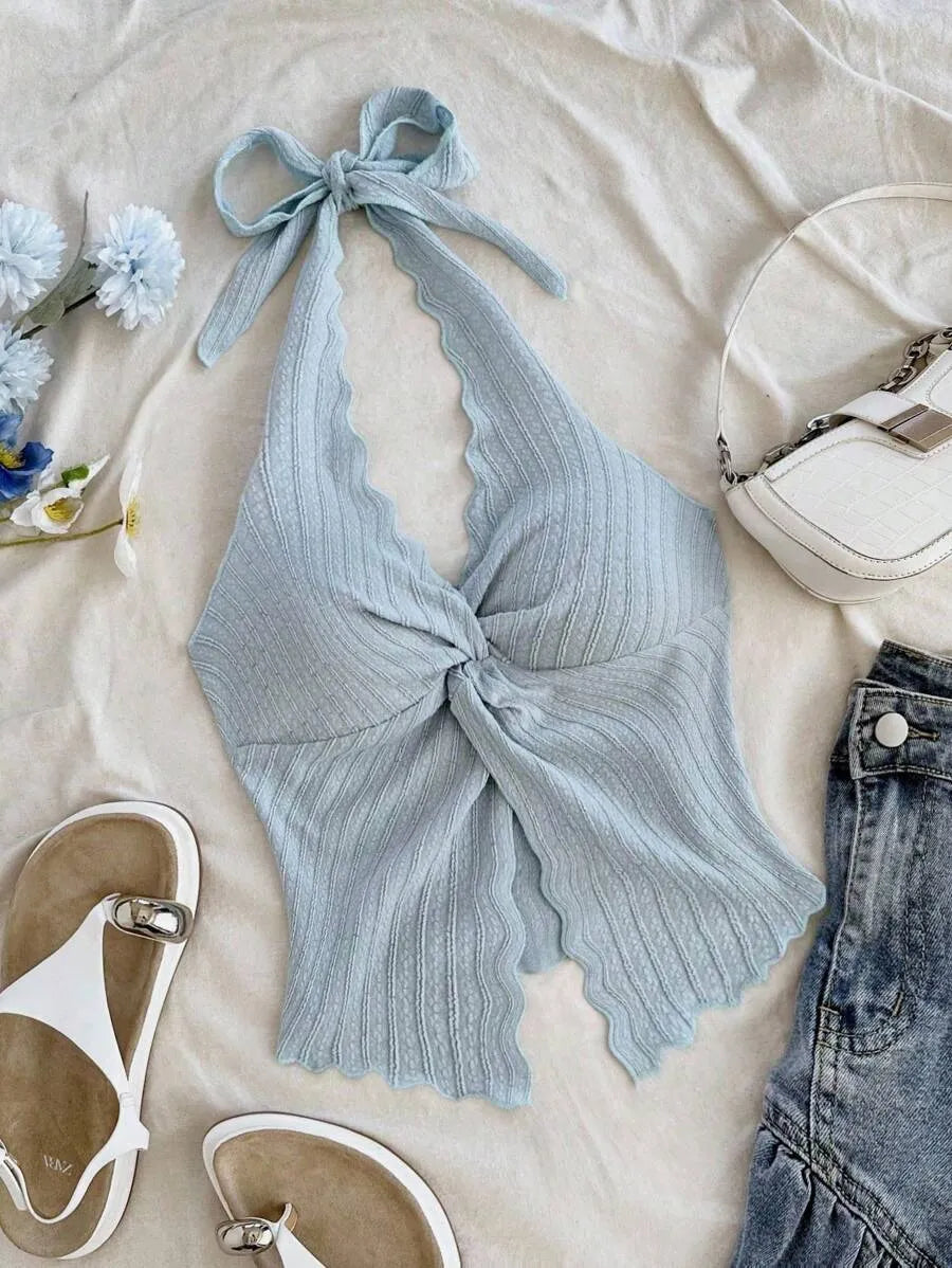 Women's Sexy Halter Neck Open Back Tank Top – Fashionable Tie Knot Hem Detail, Sleeveless Slit Design for Summer Parties, Beach Days & Casual Chic Outfits