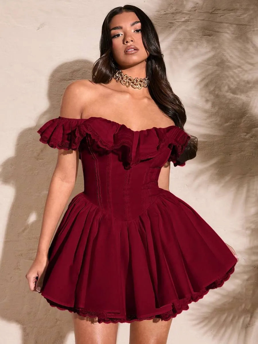 Women's Summer White Off Shoulder Lace Dress – Sexy Sweetheart Neckline with Petal Sleeves, Ruffled Bodice & Lace Edge, Elegant Solid Color Dress for Parties & Special Occasions