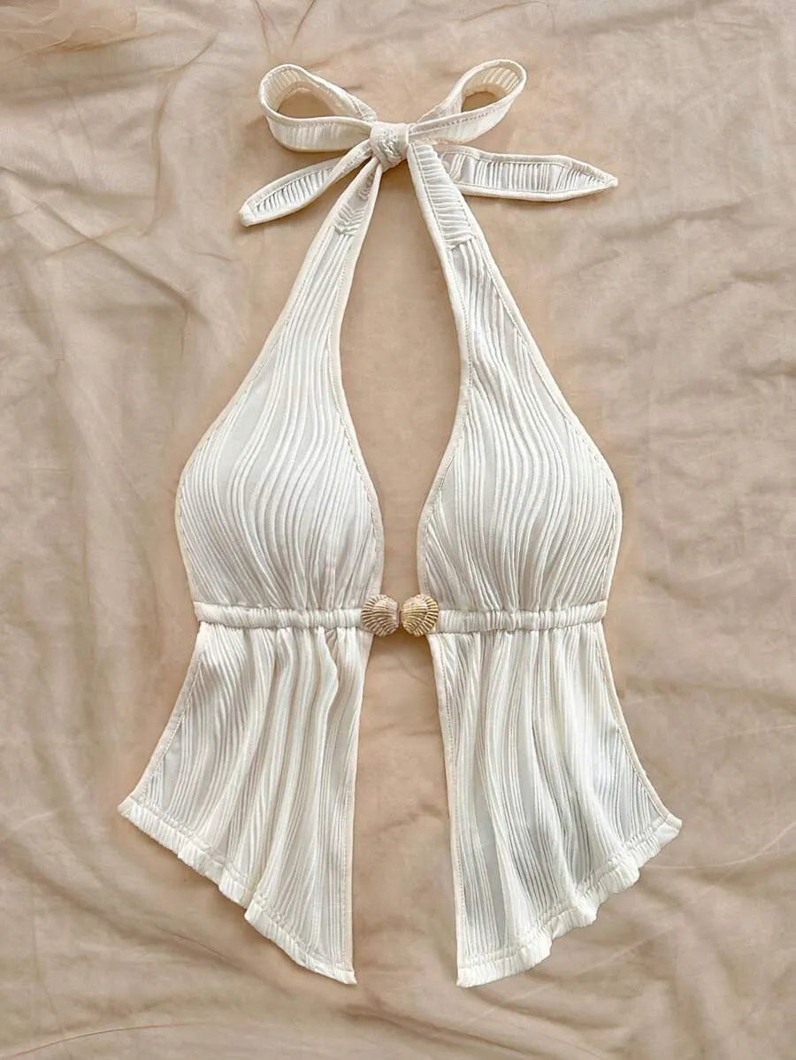 Women's Red Textured Backless Halter Camisole – Sexy V-Neck Boho Style with Metal Detail and Ruffle Hem, Perfect for Beach, Holidays, Dates, Festivals & Summer Vacations