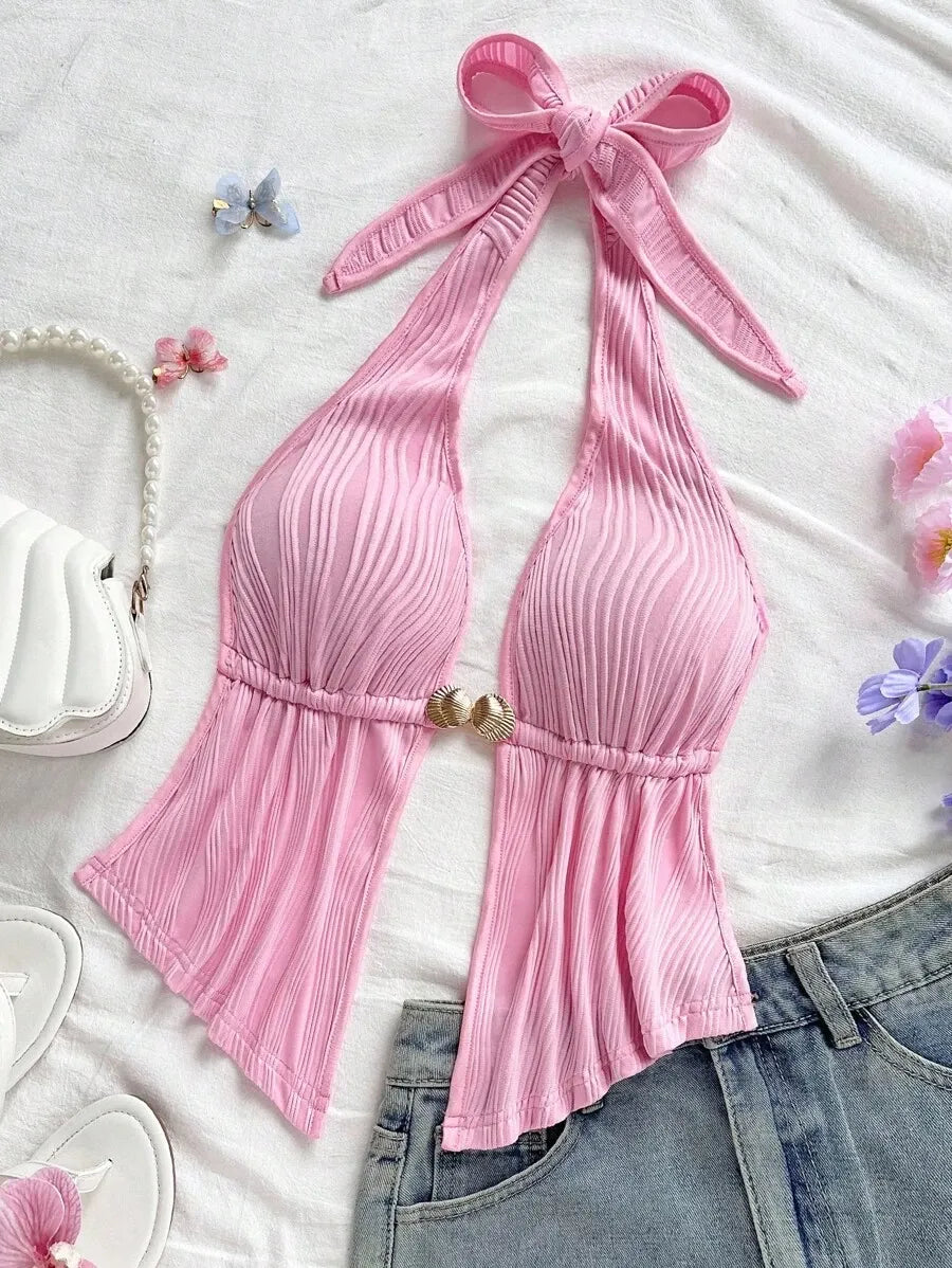 Women's Red Textured Backless Halter Camisole – Sexy V-Neck Boho Style with Metal Detail and Ruffle Hem, Perfect for Beach, Holidays, Dates, Festivals & Summer Vacations