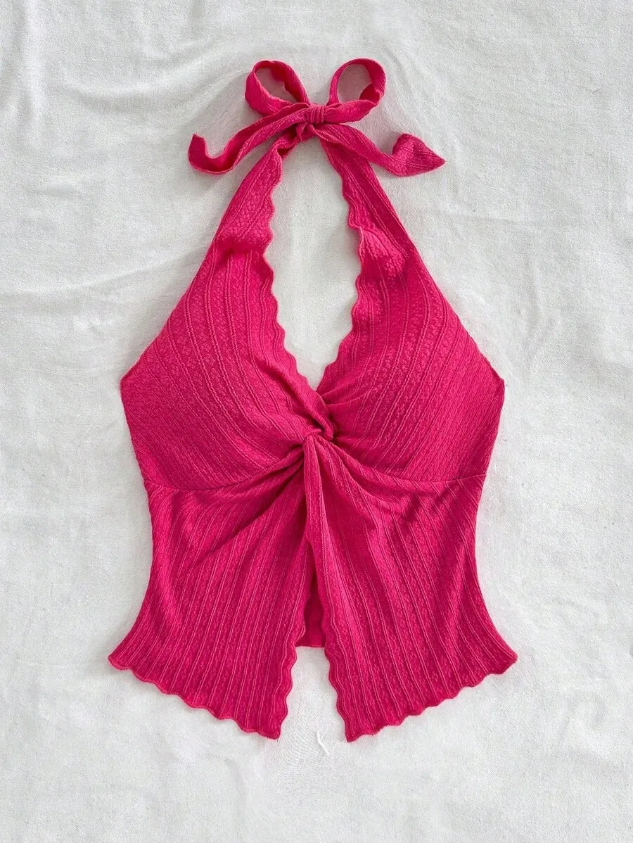 Women's Sexy Halter Neck Open Back Tank Top – Fashionable Tie Knot Hem Detail, Sleeveless Slit Design for Summer Parties, Beach Days & Casual Chic Outfits