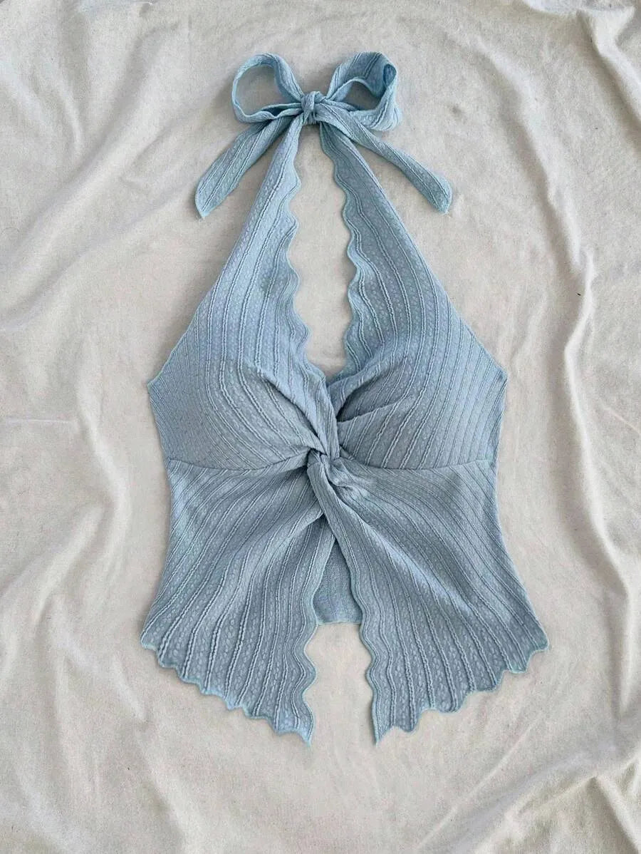 Women's Sexy Halter Neck Open Back Tank Top – Fashionable Tie Knot Hem Detail, Sleeveless Slit Design for Summer Parties, Beach Days & Casual Chic Outfits