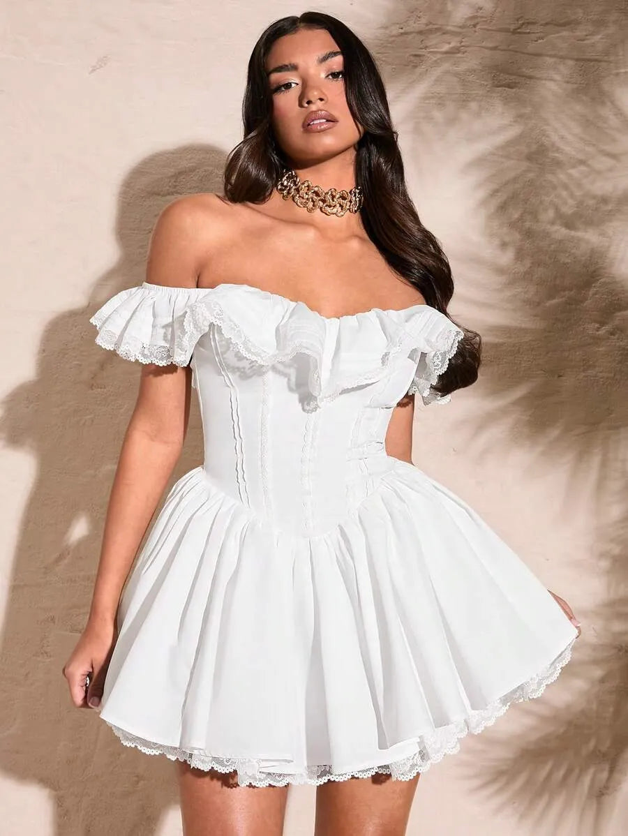Women's Summer White Off Shoulder Lace Dress – Sexy Sweetheart Neckline with Petal Sleeves, Ruffled Bodice & Lace Edge, Elegant Solid Color Dress for Parties & Special Occasions