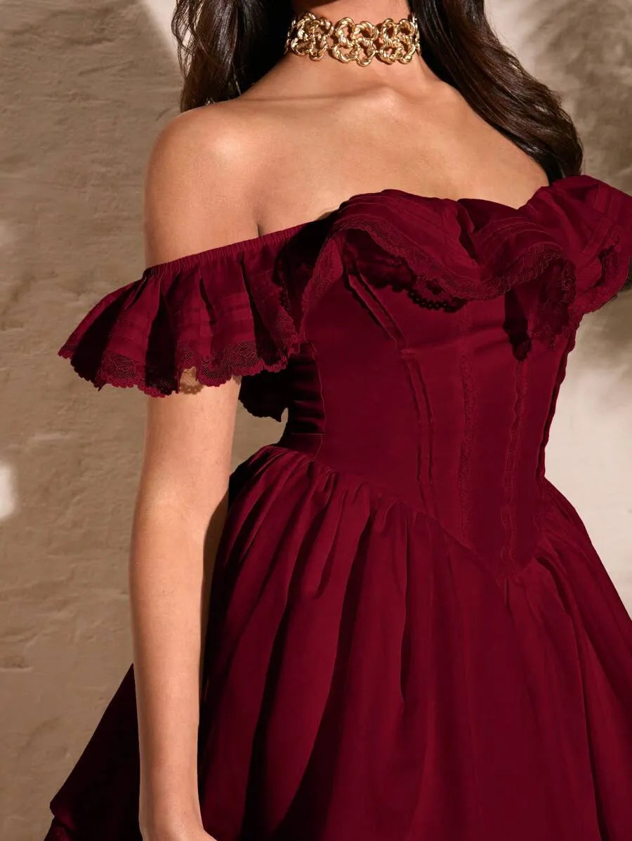 Women's Summer White Off Shoulder Lace Dress – Sexy Sweetheart Neckline with Petal Sleeves, Ruffled Bodice & Lace Edge, Elegant Solid Color Dress for Parties & Special Occasions