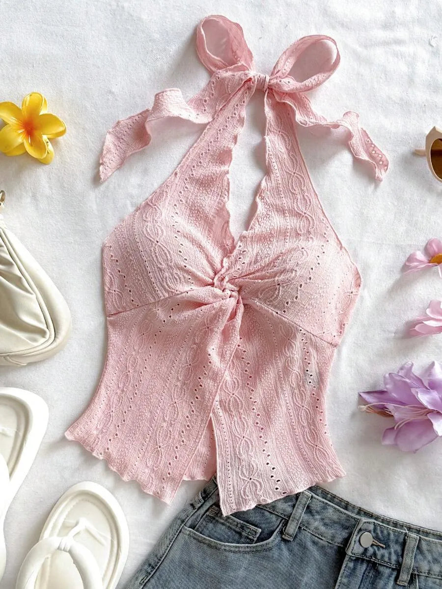 Women's Sexy Halter Neck Open Back Tank Top – Fashionable Tie Knot Hem Detail, Sleeveless Slit Design for Summer Parties, Beach Days & Casual Chic Outfits