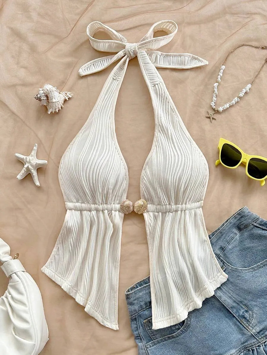 Women's Red Textured Backless Halter Camisole – Sexy V-Neck Boho Style with Metal Detail and Ruffle Hem, Perfect for Beach, Holidays, Dates, Festivals & Summer Vacations