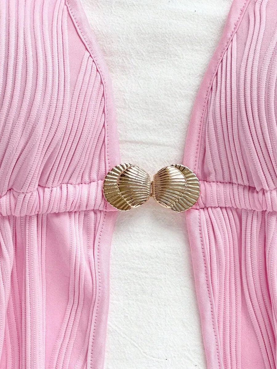 Women's Red Textured Backless Halter Camisole – Sexy V-Neck Boho Style with Metal Detail and Ruffle Hem, Perfect for Beach, Holidays, Dates, Festivals & Summer Vacations