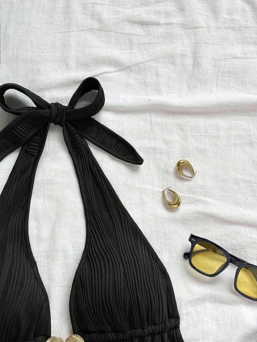 Women's Red Textured Backless Halter Camisole – Sexy V-Neck Boho Style with Metal Detail and Ruffle Hem, Perfect for Beach, Holidays, Dates, Festivals & Summer Vacations