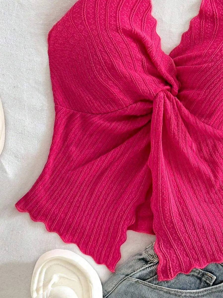 Women's Sexy Halter Neck Open Back Tank Top – Fashionable Tie Knot Hem Detail, Sleeveless Slit Design for Summer Parties, Beach Days & Casual Chic Outfits