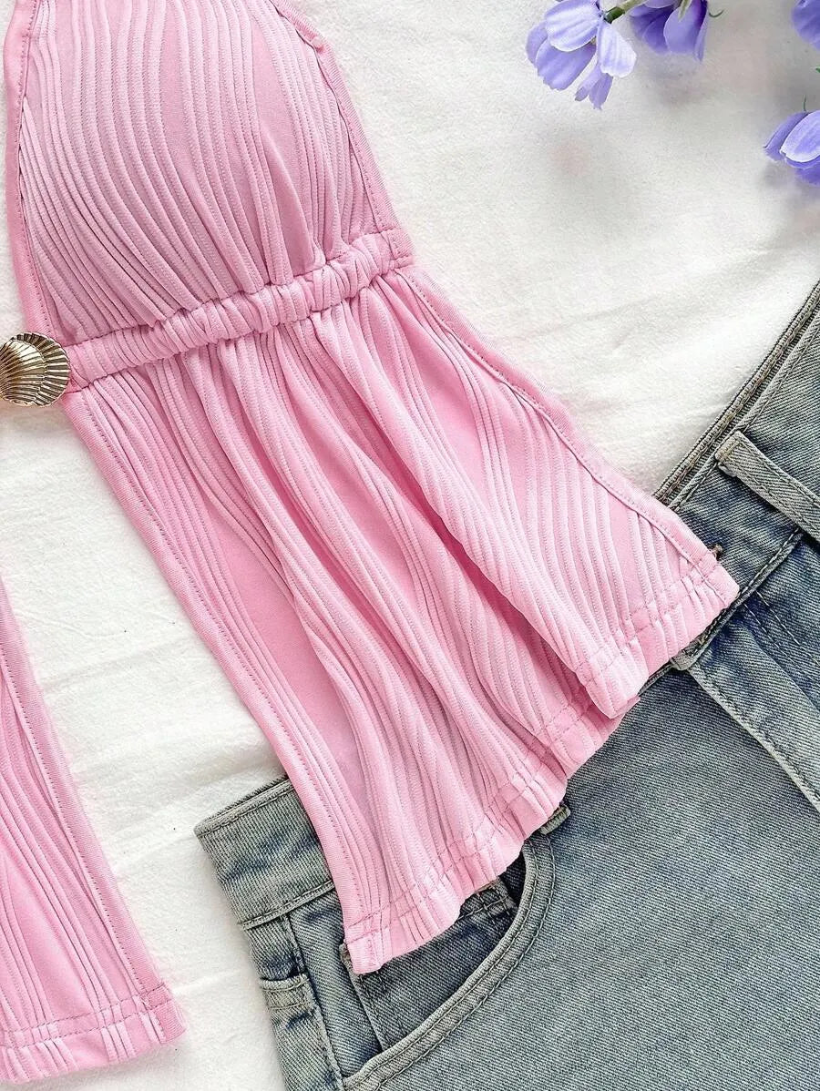 Women's Red Textured Backless Halter Camisole – Sexy V-Neck Boho Style with Metal Detail and Ruffle Hem, Perfect for Beach, Holidays, Dates, Festivals & Summer Vacations