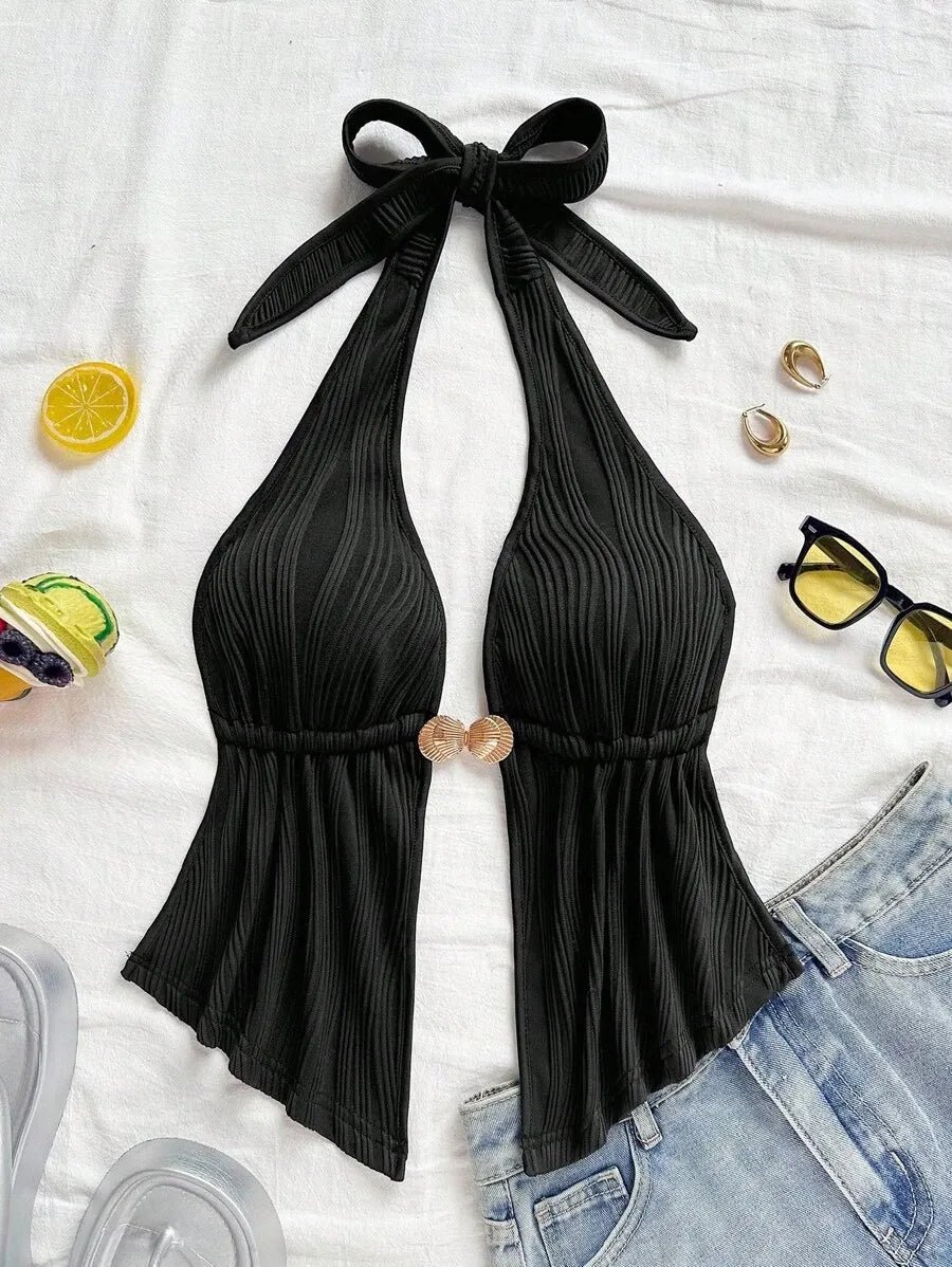 Women's Red Textured Backless Halter Camisole – Sexy V-Neck Boho Style with Metal Detail and Ruffle Hem, Perfect for Beach, Holidays, Dates, Festivals & Summer Vacations