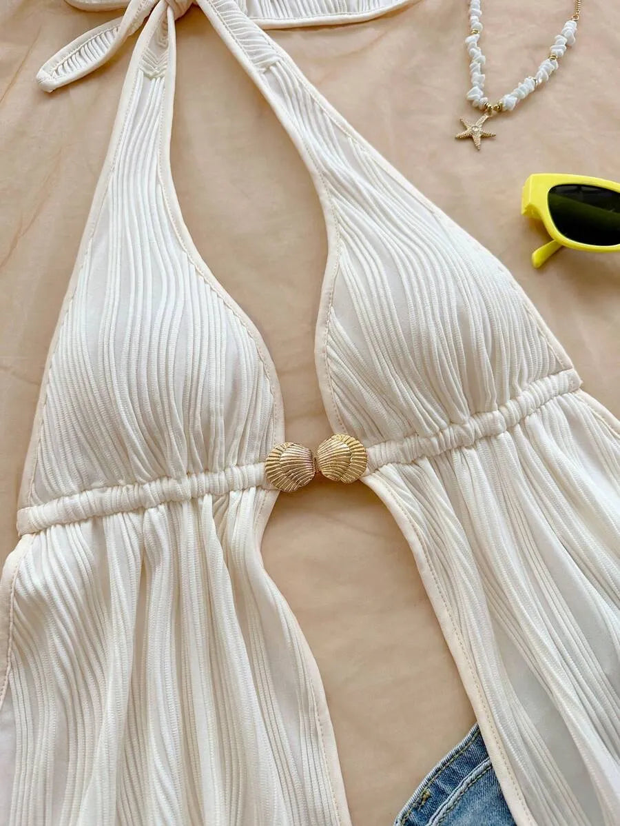 Women's Red Textured Backless Halter Camisole – Sexy V-Neck Boho Style with Metal Detail and Ruffle Hem, Perfect for Beach, Holidays, Dates, Festivals & Summer Vacations