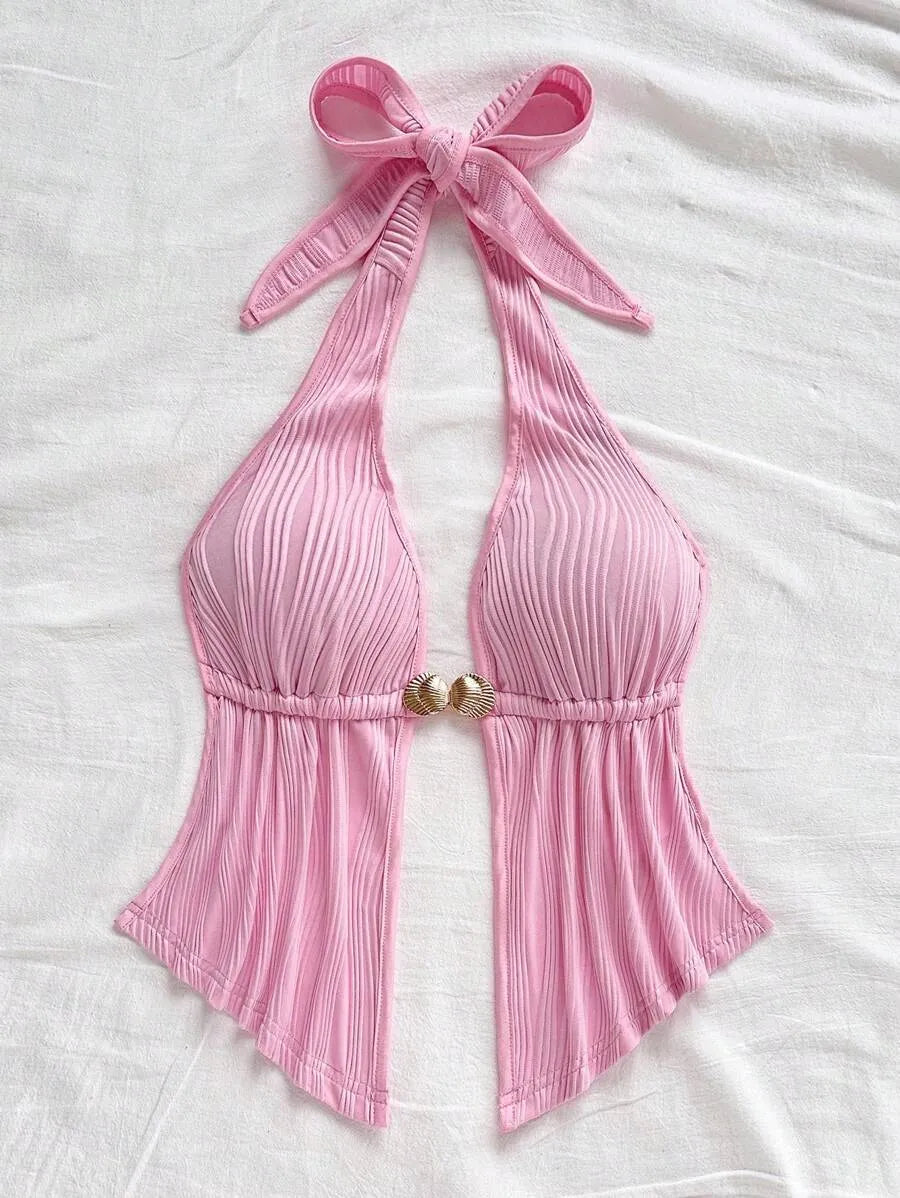 Women's Red Textured Backless Halter Camisole – Sexy V-Neck Boho Style with Metal Detail and Ruffle Hem, Perfect for Beach, Holidays, Dates, Festivals & Summer Vacations