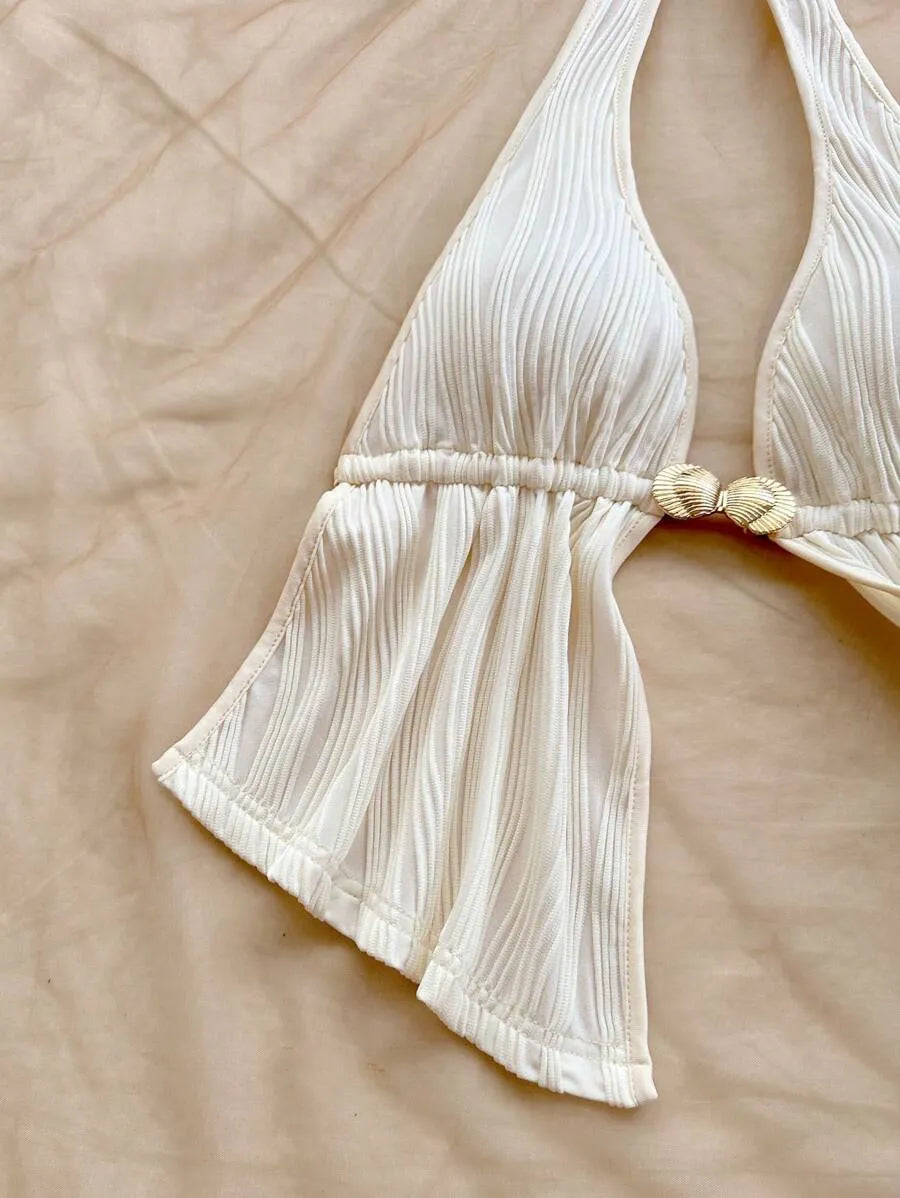 Women's Red Textured Backless Halter Camisole – Sexy V-Neck Boho Style with Metal Detail and Ruffle Hem, Perfect for Beach, Holidays, Dates, Festivals & Summer Vacations