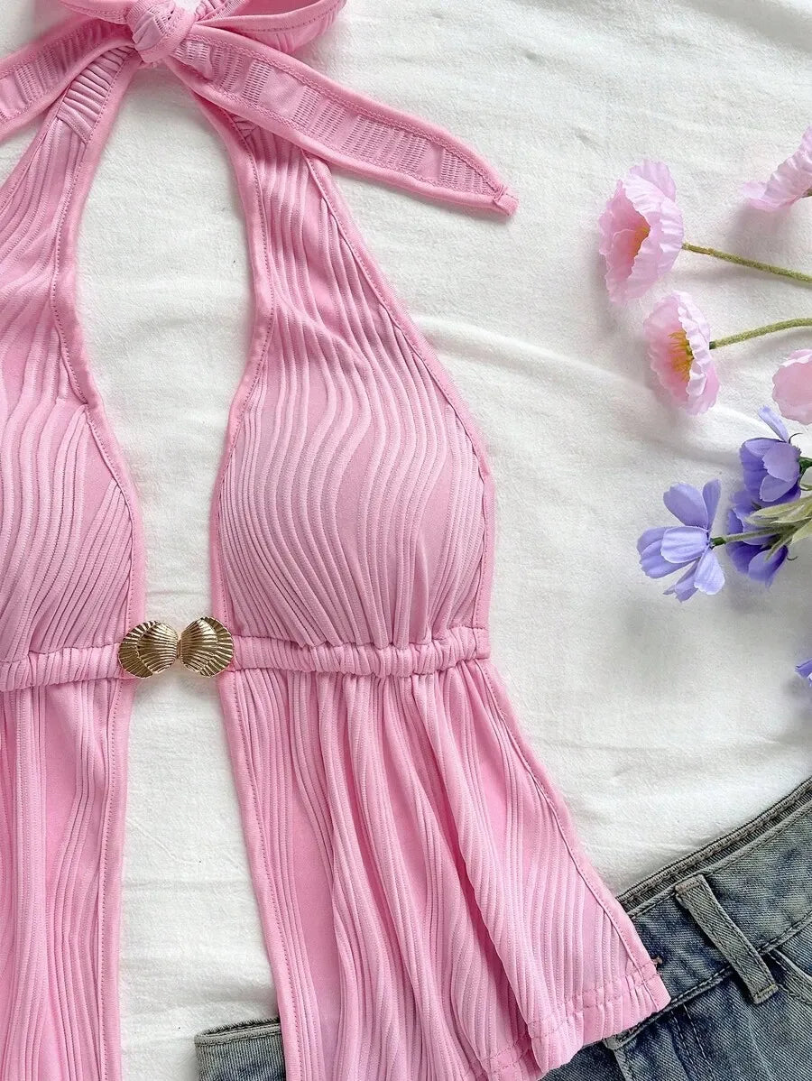 Women's Red Textured Backless Halter Camisole – Sexy V-Neck Boho Style with Metal Detail and Ruffle Hem, Perfect for Beach, Holidays, Dates, Festivals & Summer Vacations