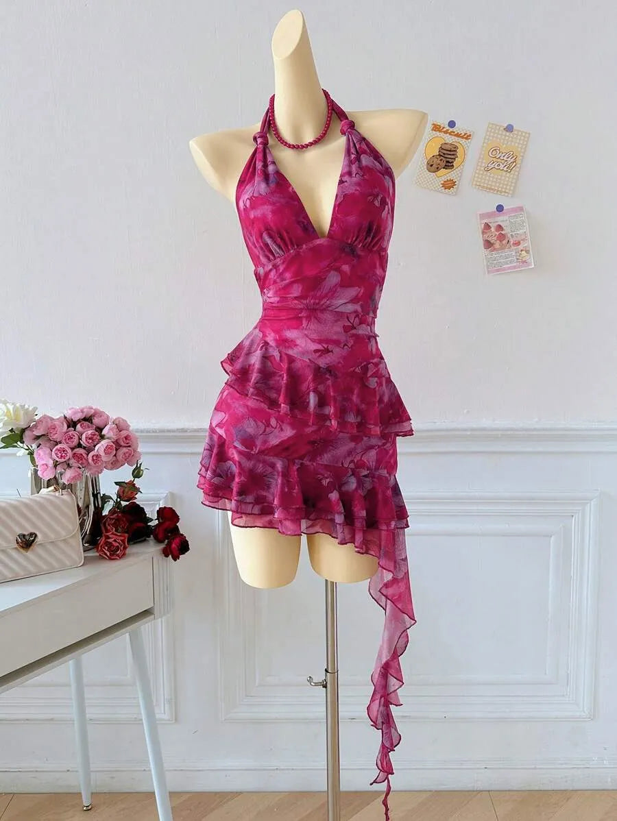 Women's Full Print Halter Neck Dress – Vacation Style with Asymmetrical Ruffle Hem, Lightweight Summer Dress for Beach, Casual & Resort Wear