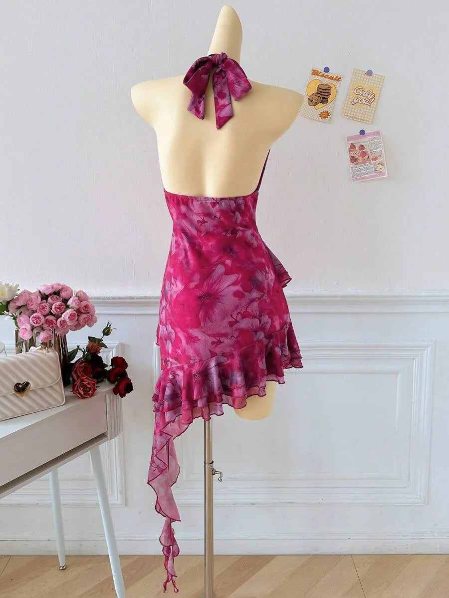 Women's Full Print Halter Neck Dress – Vacation Style with Asymmetrical Ruffle Hem, Lightweight Summer Dress for Beach, Casual & Resort Wear