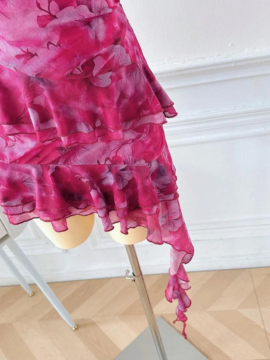 Women's Full Print Halter Neck Dress – Vacation Style with Asymmetrical Ruffle Hem, Lightweight Summer Dress for Beach, Casual & Resort Wear