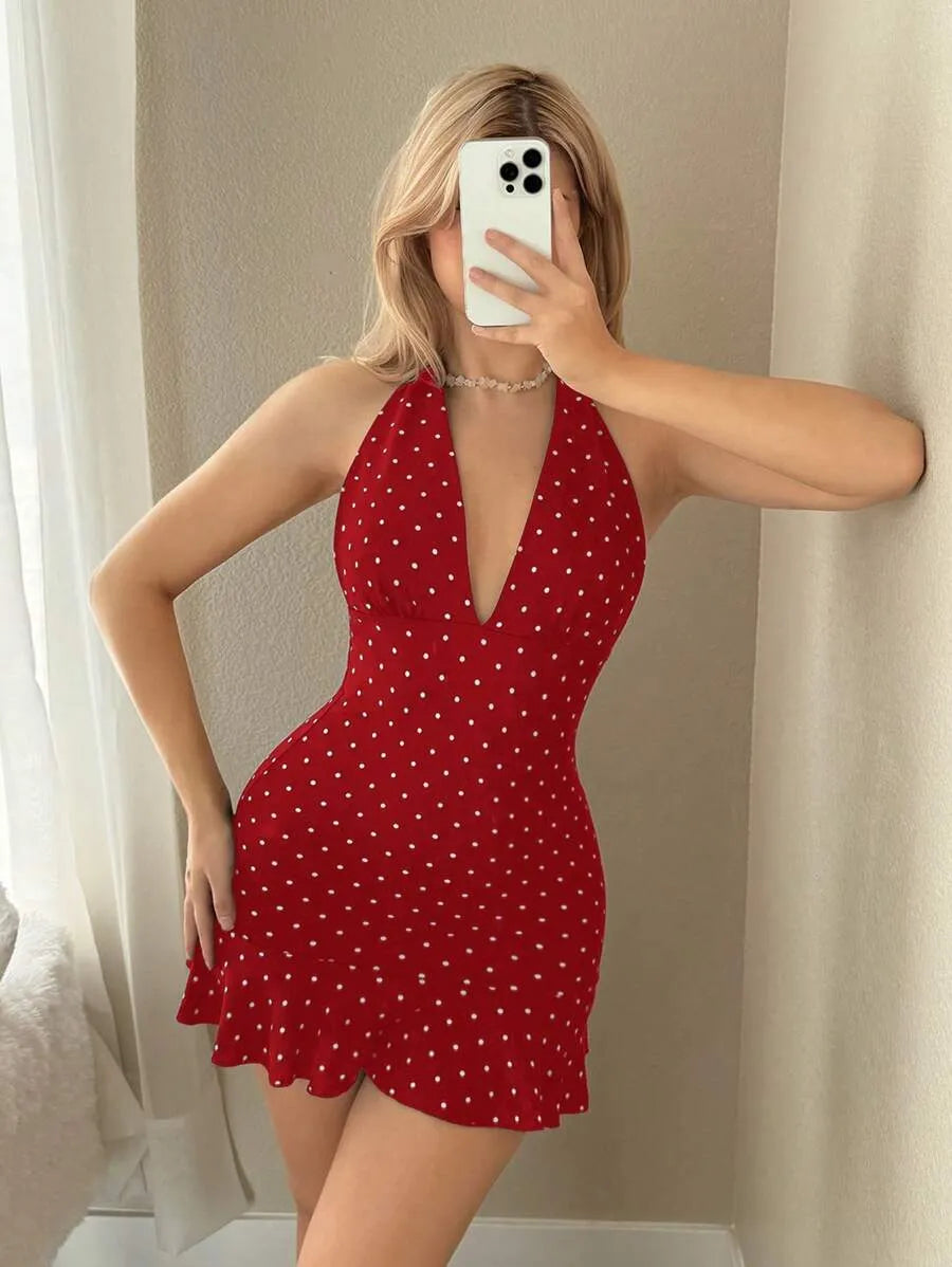 Women's Deep V-Neck Polka Dot Mini Dress – Vintage Casual Vacation Dress with Sexy Party & Club Outfit Style, Perfect for Summer Nights and Events