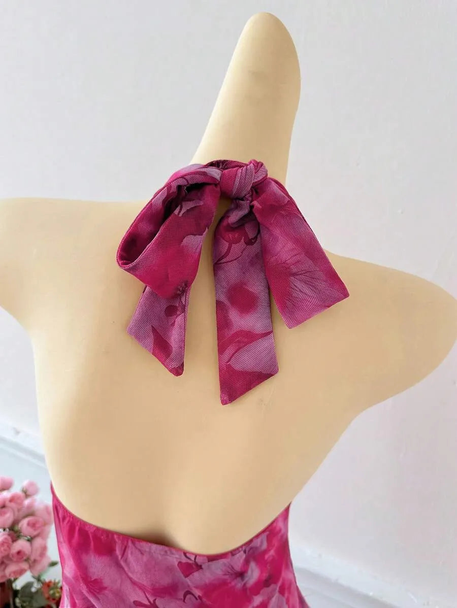 Women's Full Print Halter Neck Dress – Vacation Style with Asymmetrical Ruffle Hem, Lightweight Summer Dress for Beach, Casual & Resort Wear