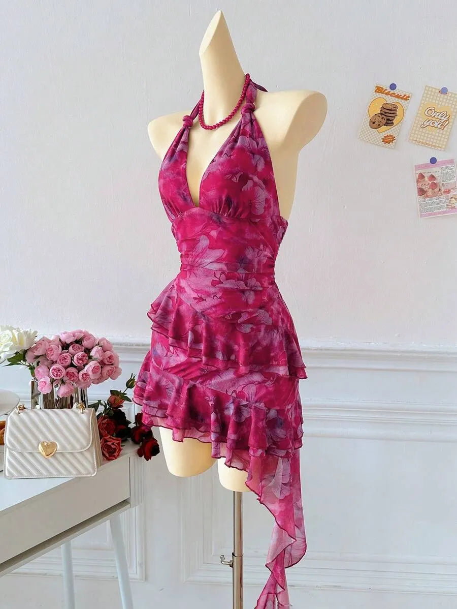 Women's Full Print Halter Neck Dress – Vacation Style with Asymmetrical Ruffle Hem, Lightweight Summer Dress for Beach, Casual & Resort Wear