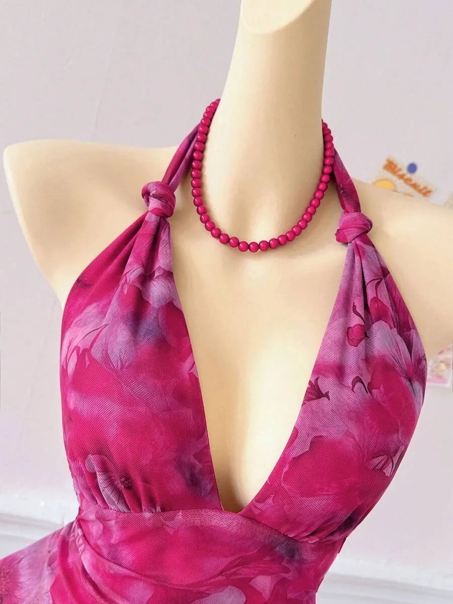 Women's Full Print Halter Neck Dress – Vacation Style with Asymmetrical Ruffle Hem, Lightweight Summer Dress for Beach, Casual & Resort Wear