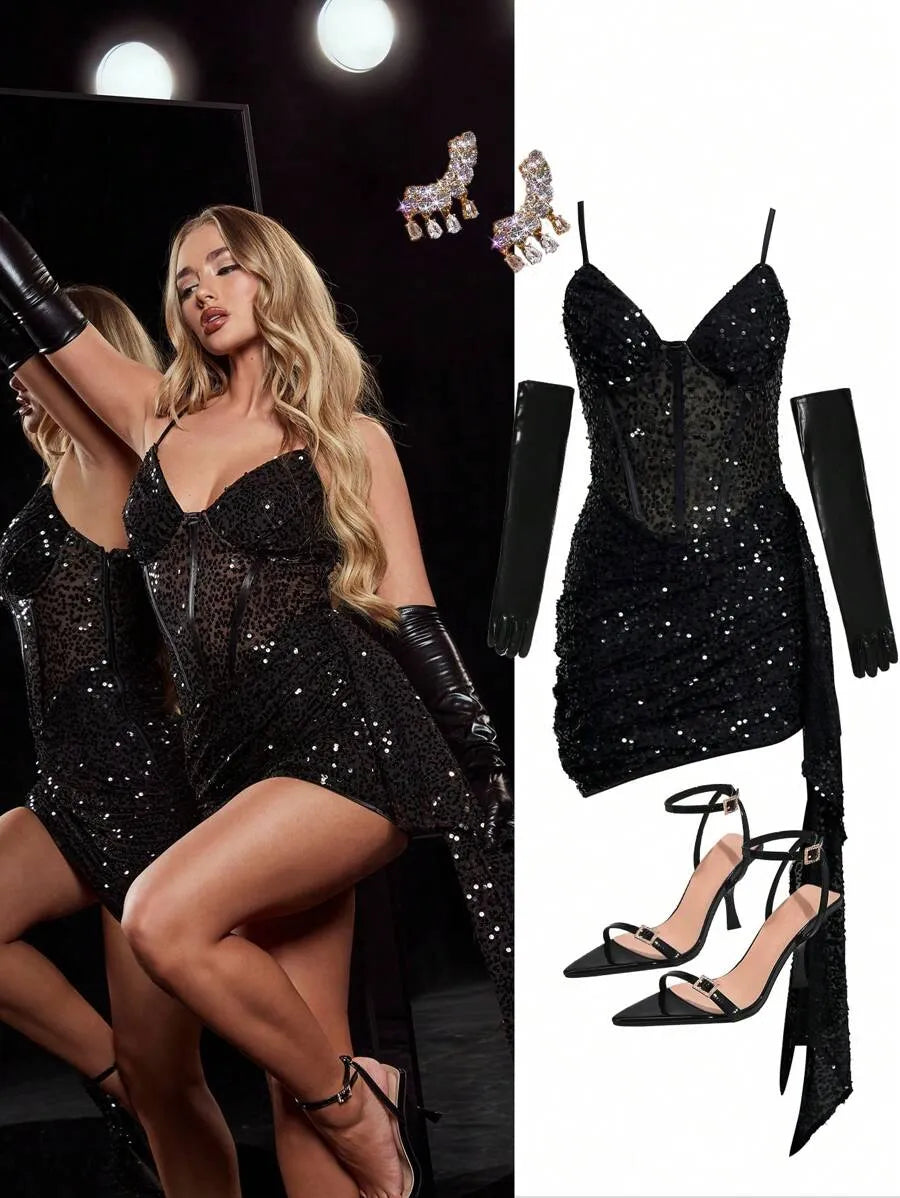 Women's Halloween Glitter Spaghetti Strap Bodycon Mini Dress – Sexy Party Dress with Ribbon Details, Perfect for Halloween, Night Out & Festive Events