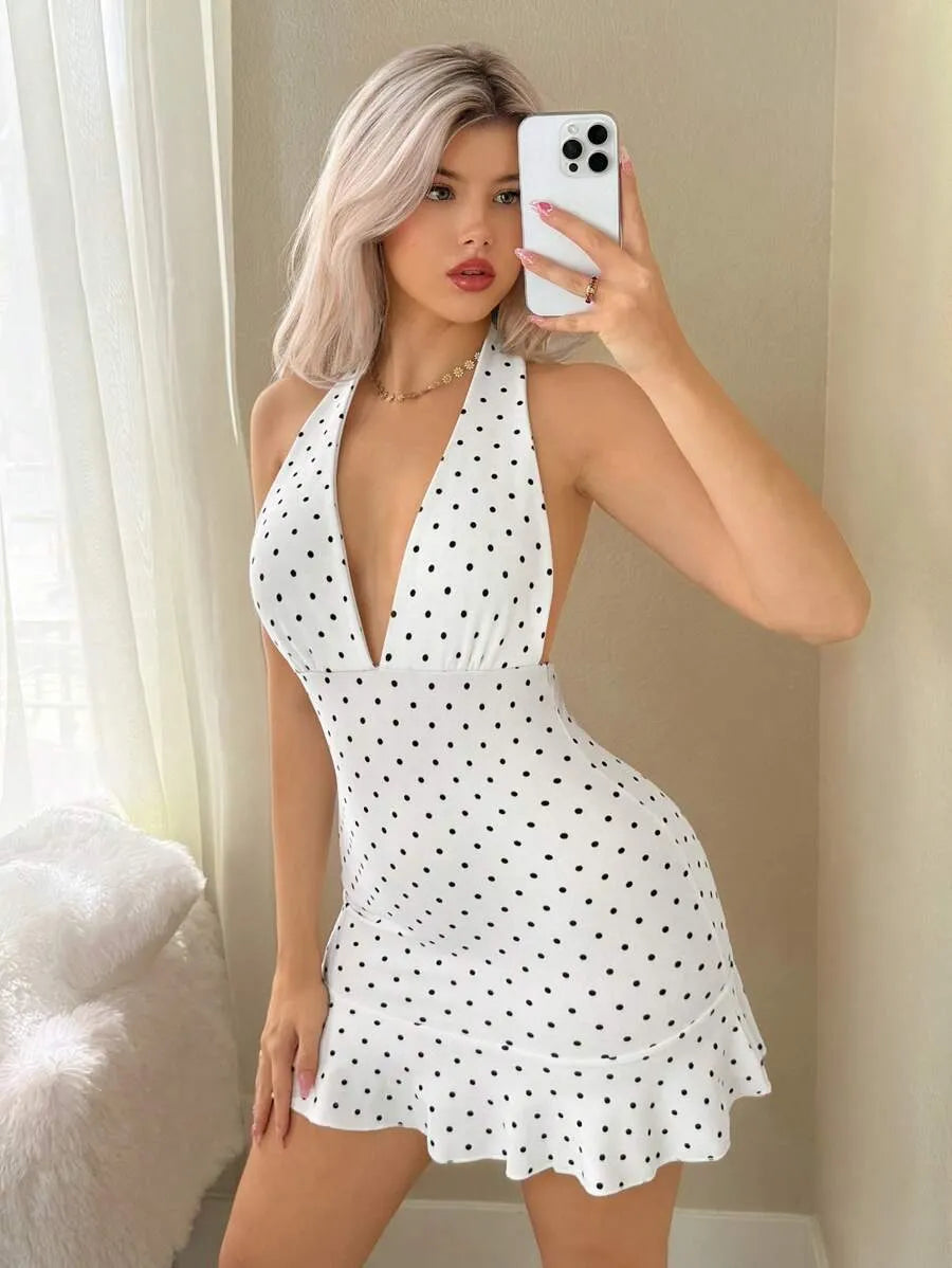 Women's Deep V-Neck Polka Dot Mini Dress – Vintage Casual Vacation Dress with Sexy Party & Club Outfit Style, Perfect for Summer Nights and Events