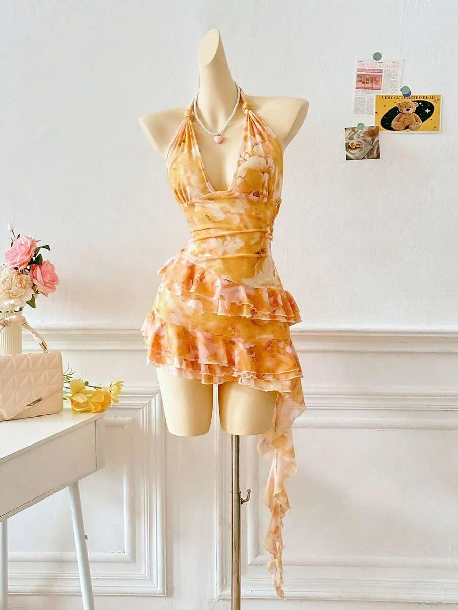 Women's Full Print Halter Neck Dress – Vacation Style with Asymmetrical Ruffle Hem, Lightweight Summer Dress for Beach, Casual & Resort Wear