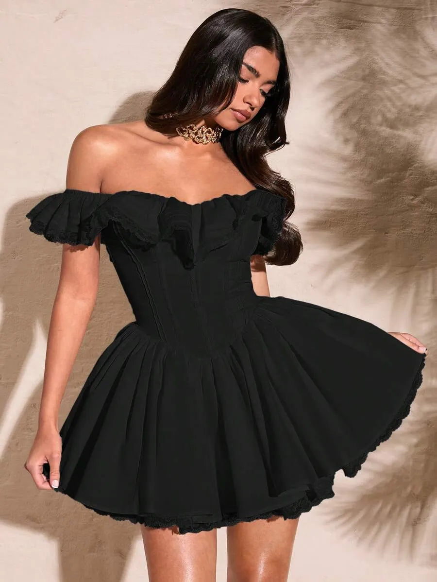 Women's Summer White Off Shoulder Lace Dress – Sexy Sweetheart Neckline with Petal Sleeves, Ruffled Bodice & Lace Edge, Elegant Solid Color Dress for Parties & Special Occasions