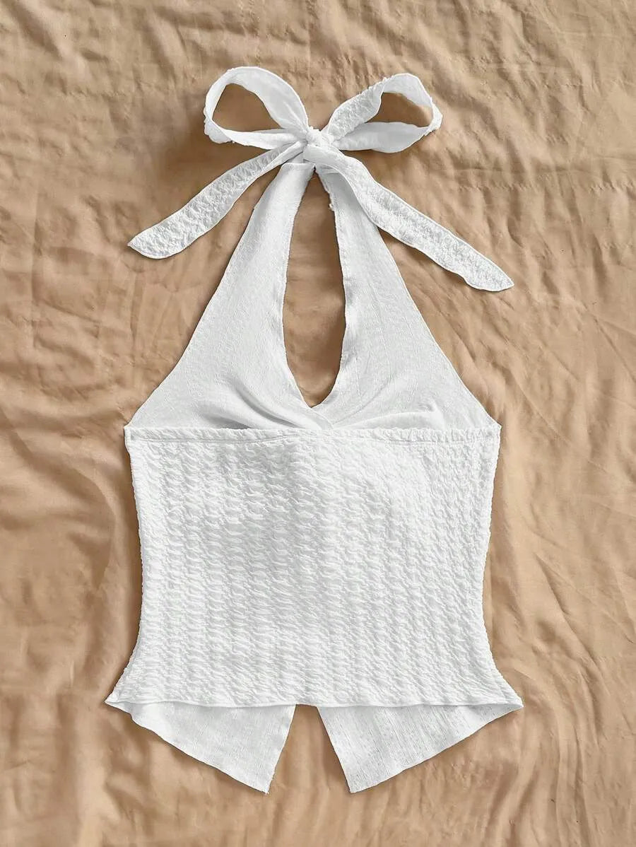 Women's Sexy Halter Neck Open Back Tank Top – Fashionable Tie Knot Hem Detail, Sleeveless Slit Design for Summer Parties, Beach Days & Casual Chic Outfits