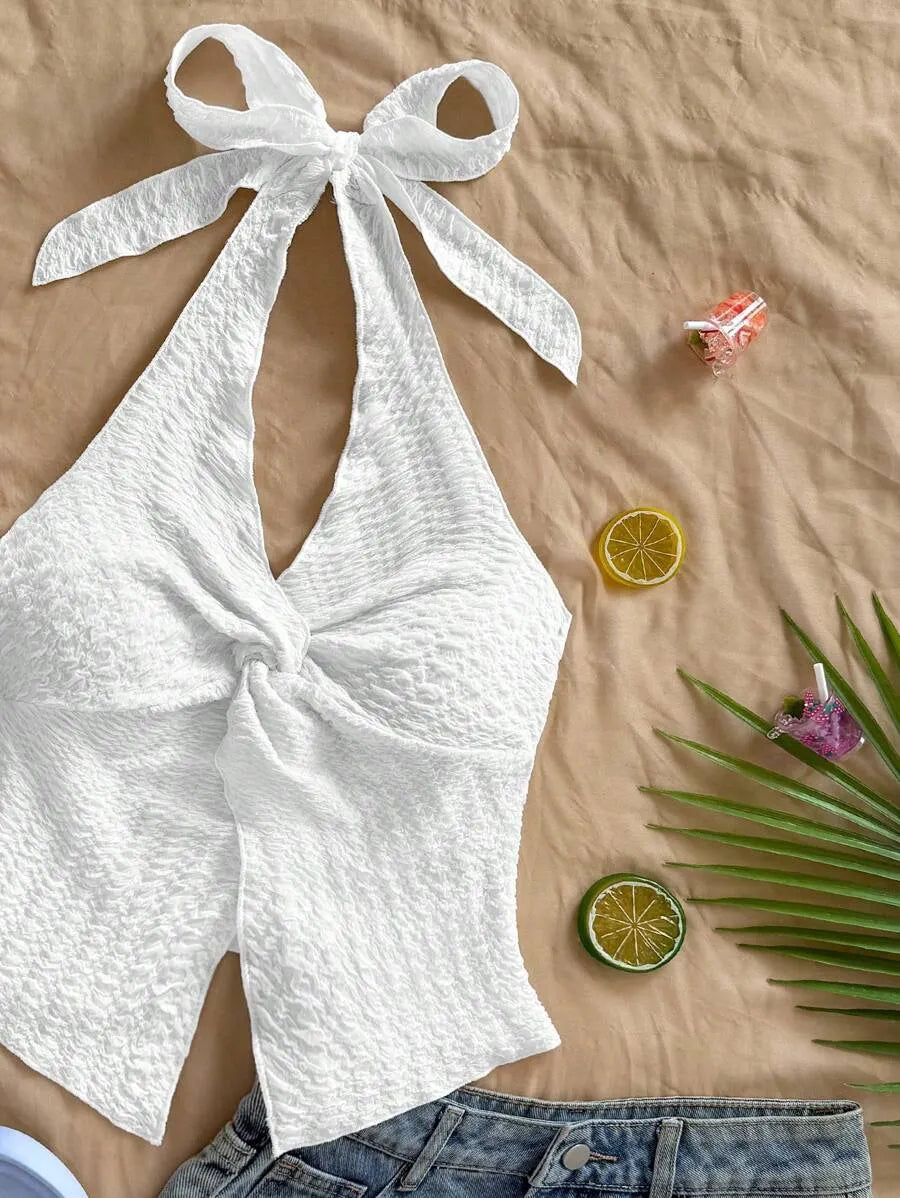 Women's Sexy Halter Neck Open Back Tank Top – Fashionable Tie Knot Hem Detail, Sleeveless Slit Design for Summer Parties, Beach Days & Casual Chic Outfits